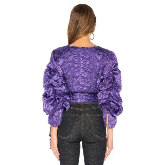NWT SOS Alice + Olivia Dominica Wrap Top in Baroque Floral Electric Purple  XS - Picture 4 of 9
